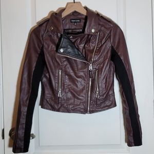 Cropped Faux Leather Jacket with Rib Knit Sleeves